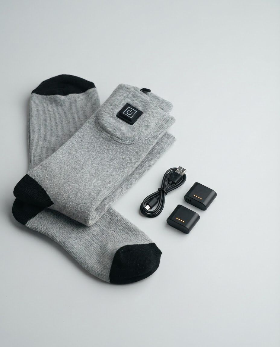 Calze riscaldate grigie con batterie e cavo USB