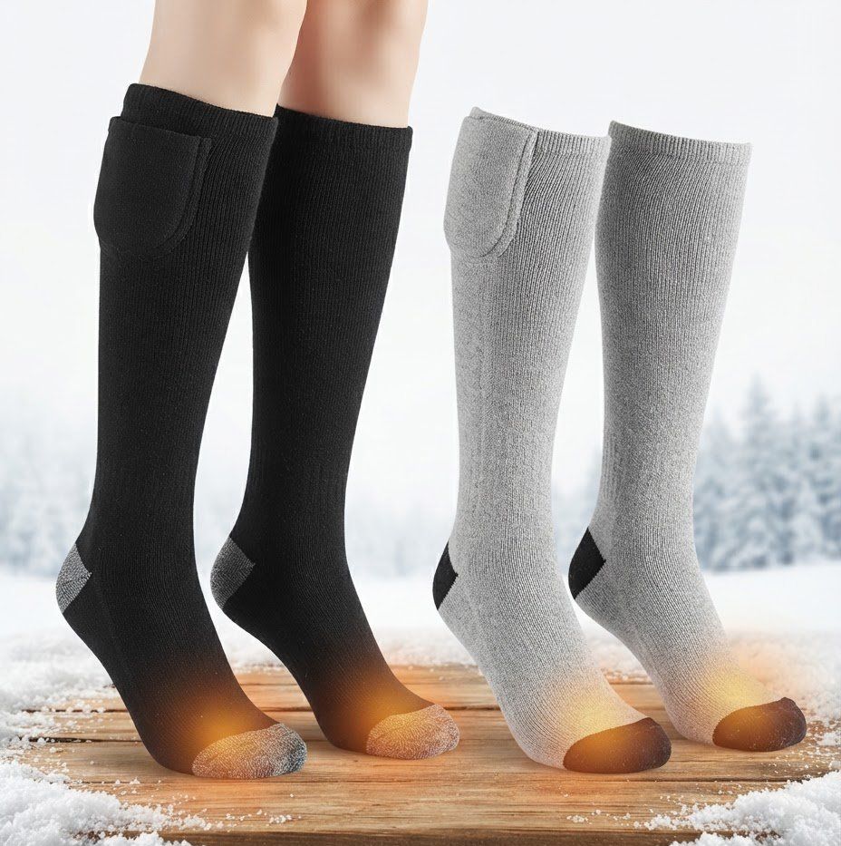 Calze riscaldate nere e grigie su legno con neve